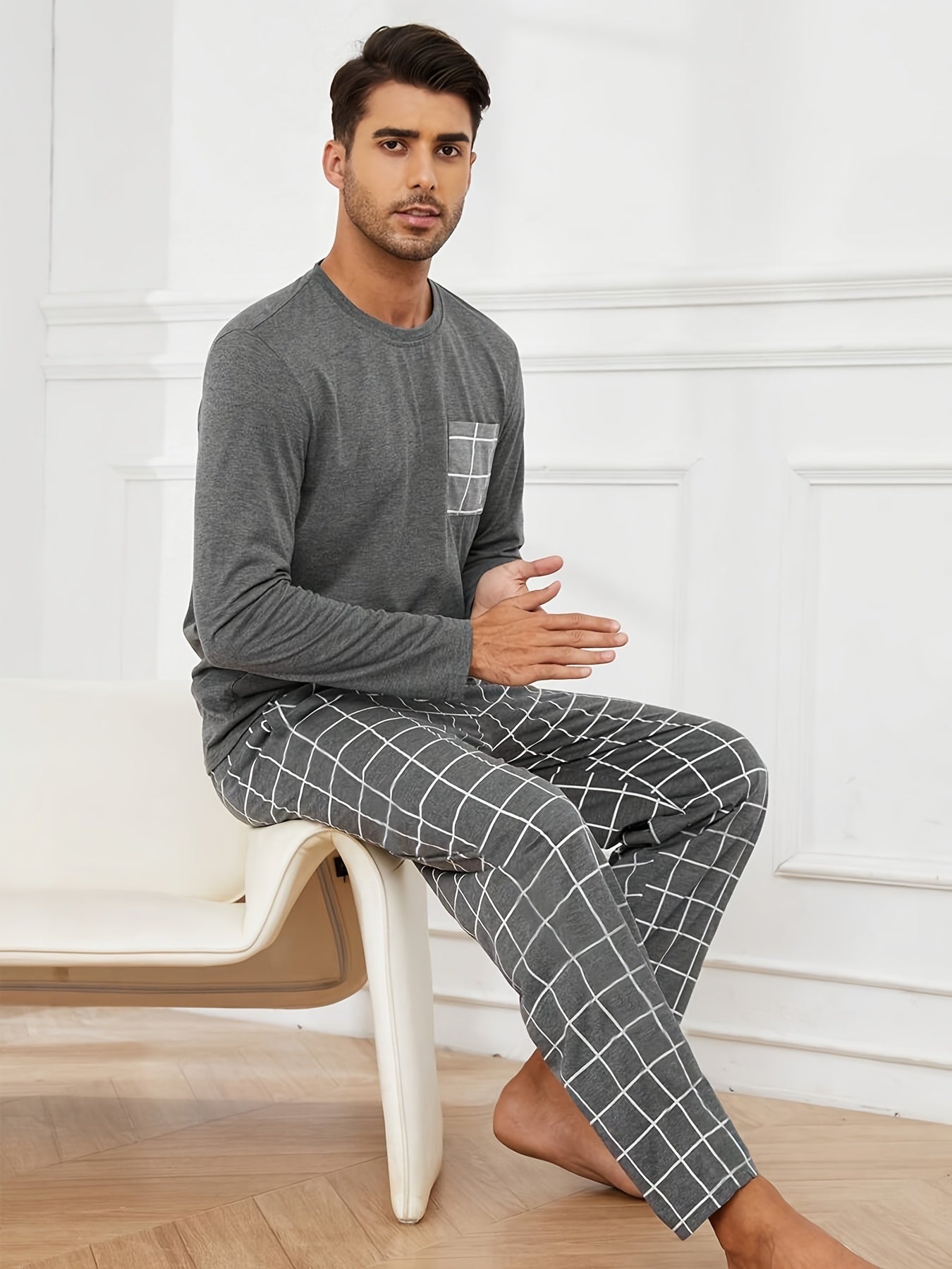 Polyester Long Sleeve Trousers Men's Pajama Set - Mode Fashion