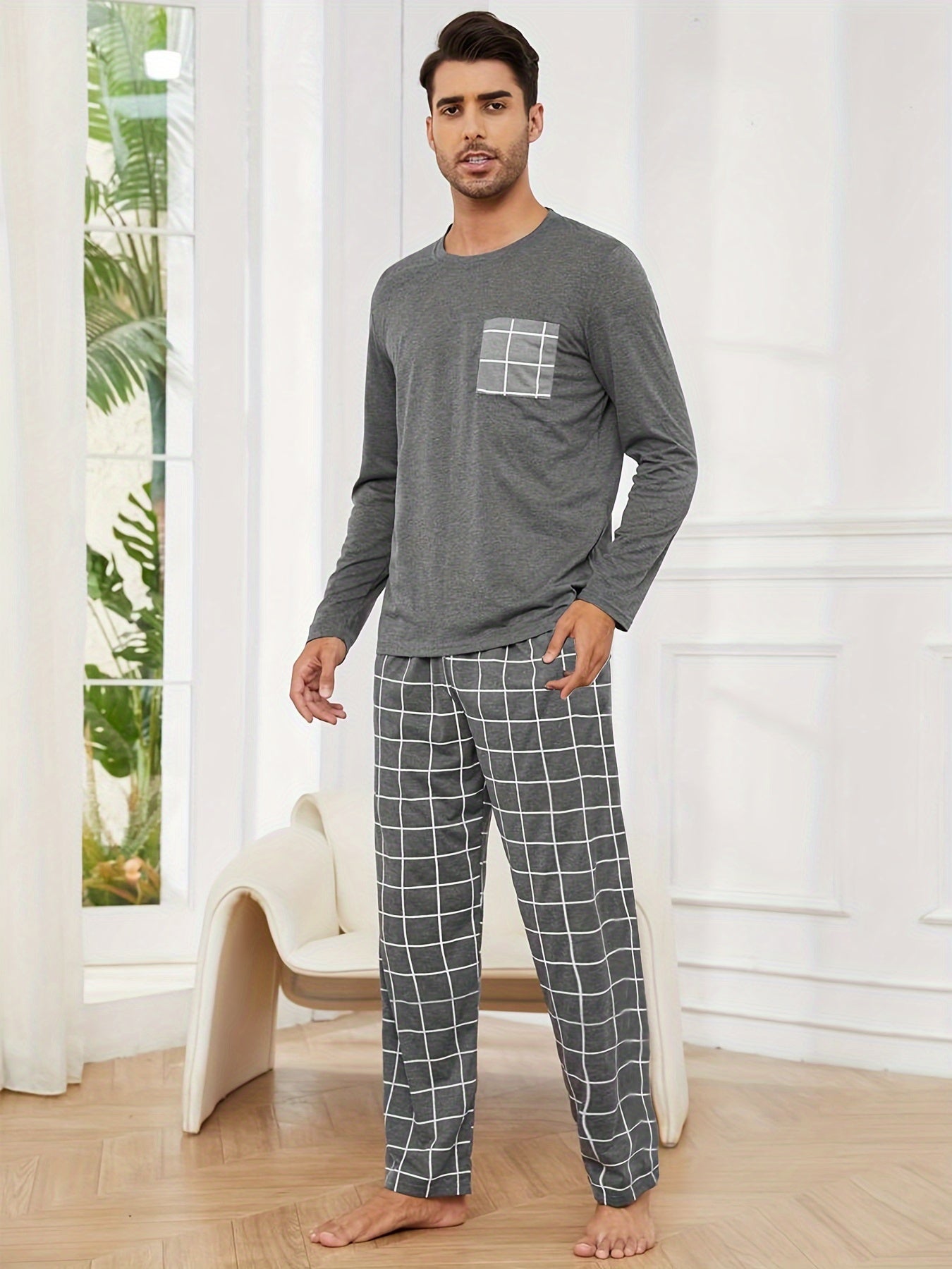 Polyester Long Sleeve Trousers Men's Pajama Set - Mode Fashion