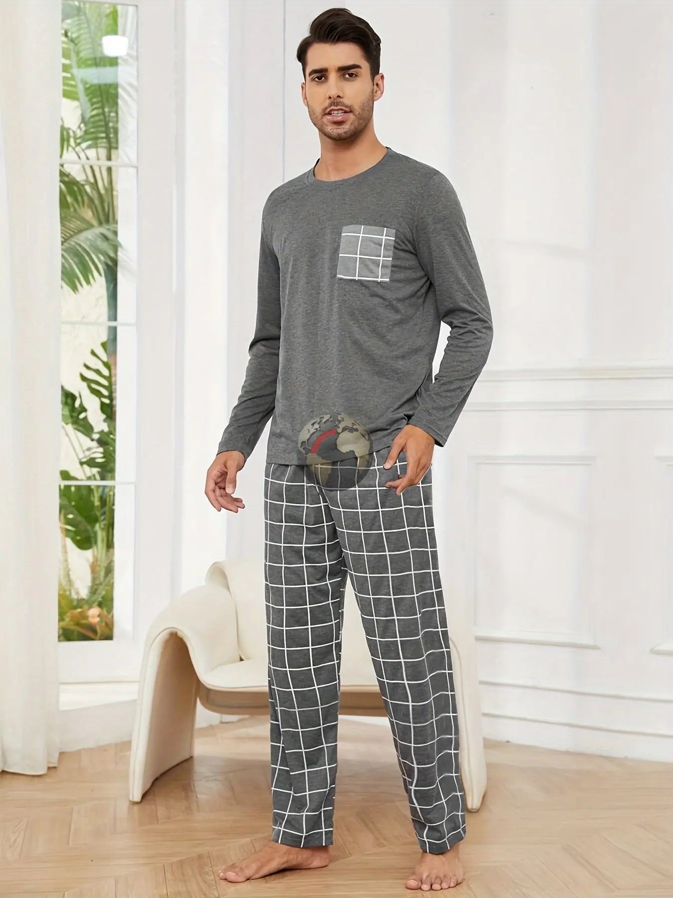 Polyester Long Sleeve Trousers Men's Pajama Set - Mode Fashion