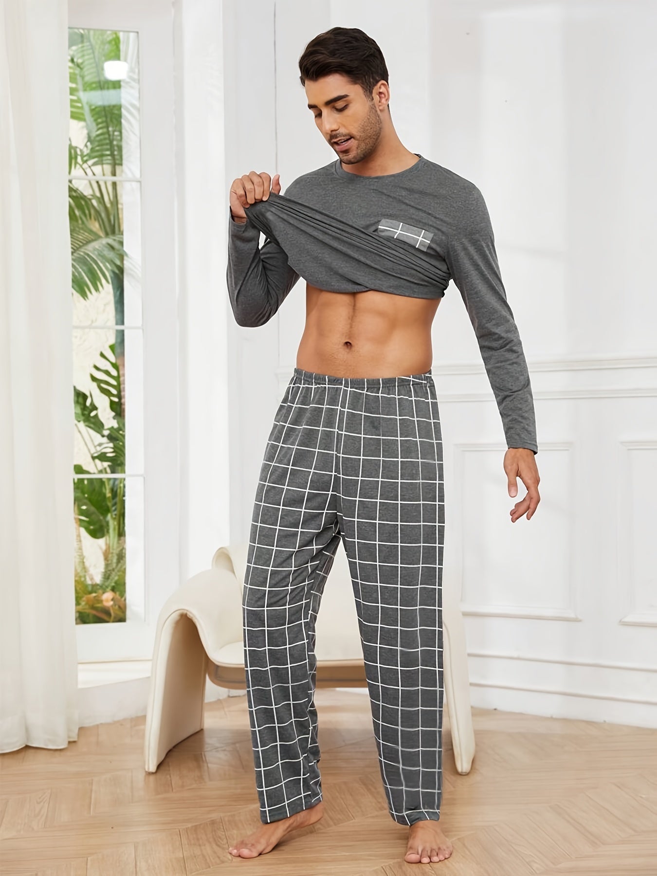 Polyester Long Sleeve Trousers Men's Pajama Set - Mode Fashion