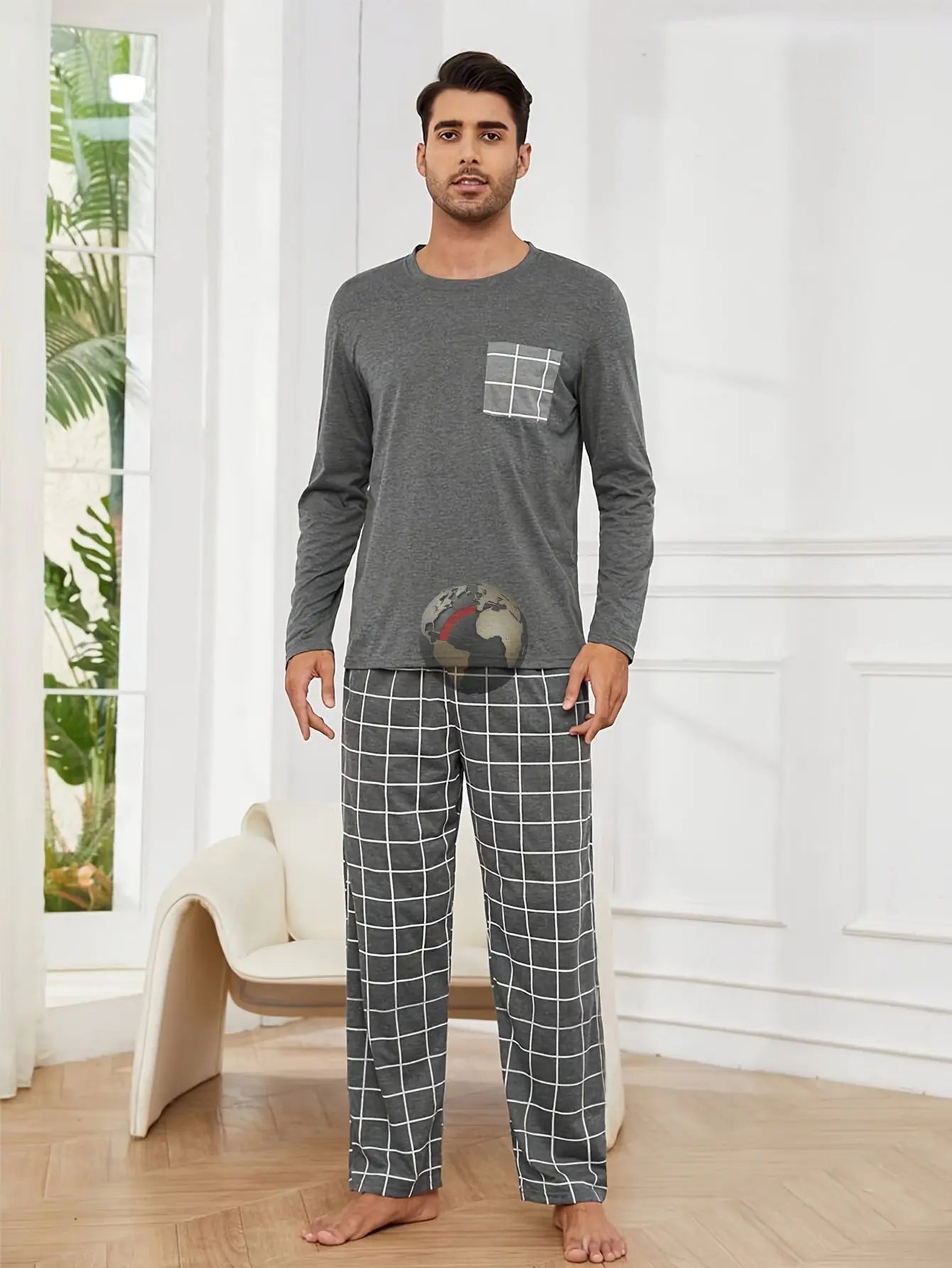 Polyester Long Sleeve Trousers Men's Pajama Set - Mode Fashion